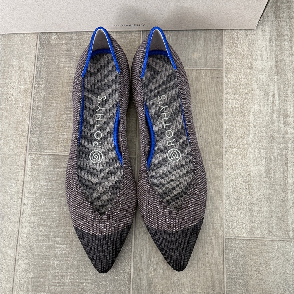 Rothy's Pointed Knit Flat in Charcoal with Blue Trim